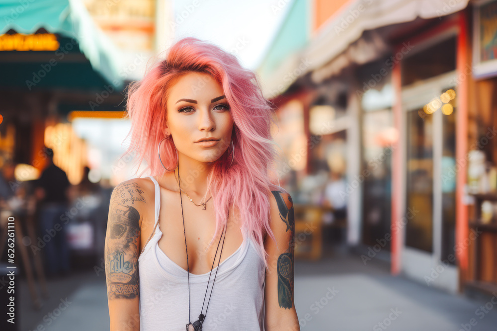 Beautiful young woman with striking pink hair and tattoos. Enjoying outdoors at a lively boardwalk lined with shops and restaurants, emphasizing a carefree spirit