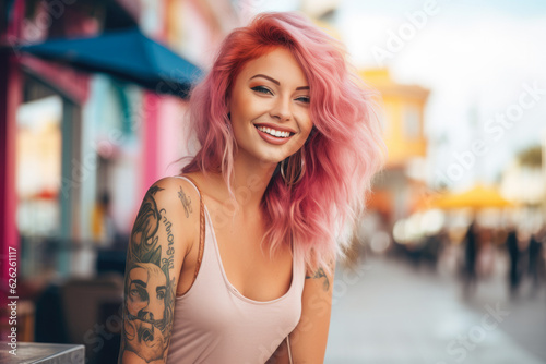 Fototapeta Beautiful young woman with striking pink hair and tattoos
