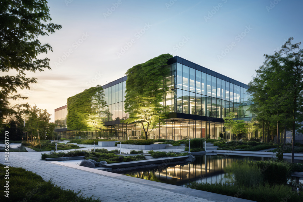 Eco-friendly building in the modern city. Sustainable glass office building with tree for reducing carbon dioxide. Office building with green environment. Corporate building reduce CO2. Generative AI.