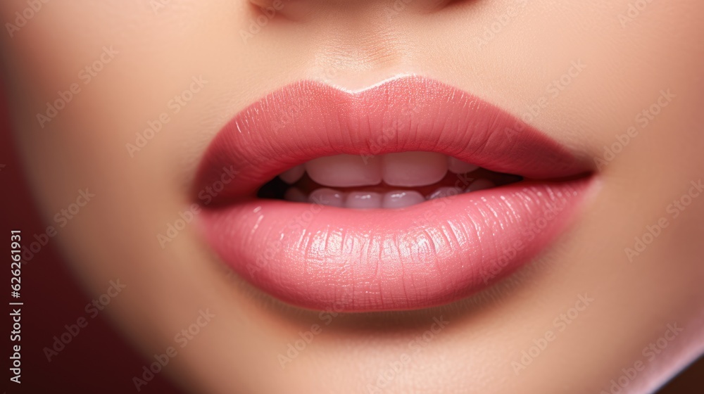 Closeup of beautiful female lips. Perfect make-up and lipgloss. Generative AI. Closeup of beautiful female lips. Perfect make-up and lipgloss. Generative AI.