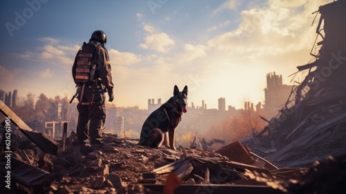 German Shepherd and rescuer against the background of a destroyed burning building. Generative AI.