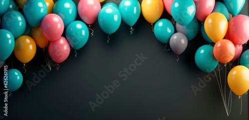 Colorful balloons on a black background. 3d illustration. Horizontal banner. Back to school. Generative AI.