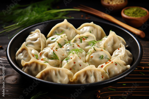 Russian Pelmeni ravioli dinner with flamboyant presentation on wooden table. Generative ai