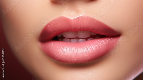 Closeup of beautiful female lips. Perfect make-up and lipgloss. Generative AI.
