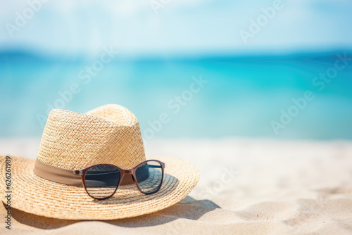 Straw hat and sunglasses on the beach Beach. Generative ai