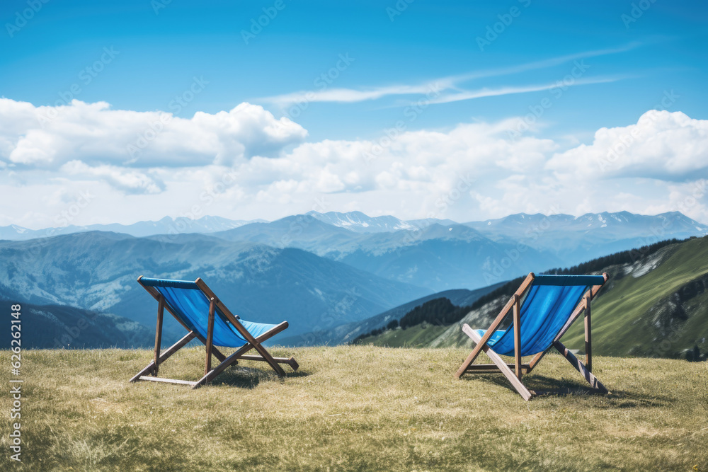 Two camping chairs at the foot of the high mountains. Generative ai Two camping chairs at the foot of the high mountains. Generative ai