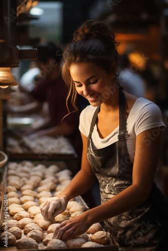 One happy beautiful confident young woman prepare bread at bakery