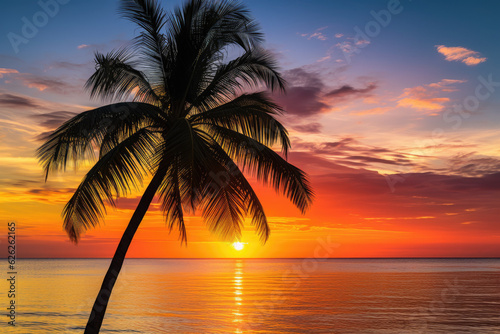 Tropical palm tree sways in tranqui sunset. Generative ai