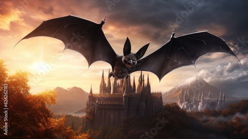 Halloween background with flying bat and castle. Generative AI.