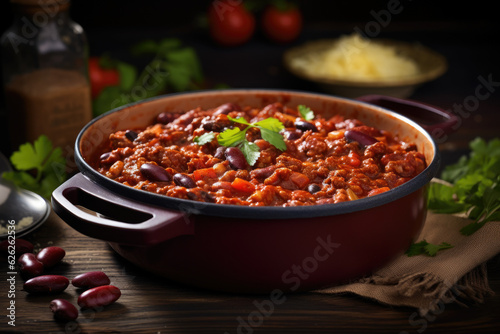 Chili con carne in iron pan on black background. Traditional mexican food. Generative ai