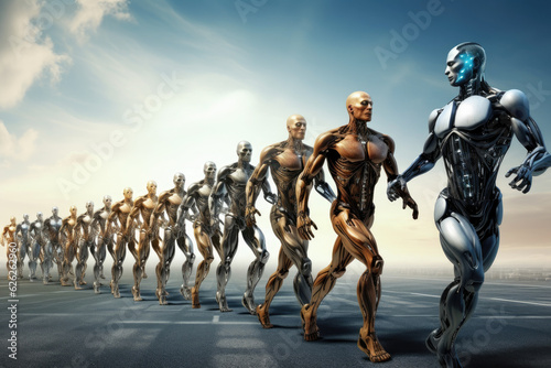 Humanoid robots walking in a single file in minimal order. Generative ai © LFK