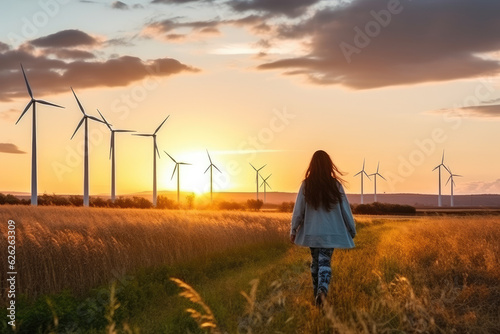 Wind turbine and a young woman walking to the sun by the fields. Generative ai