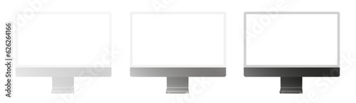 Set of white, silver and black computer monitors. Display with empty screen isolated on transparent background