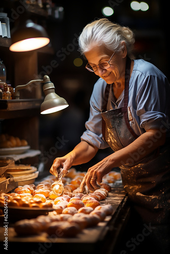 One senior old confident woman prepare bread at bakery