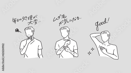 ムダ毛を気にする人物と、メンズ脱毛した男性のベクターイラストセット Vector illustration set of a man concerned about unwanted hair and men's hair removal