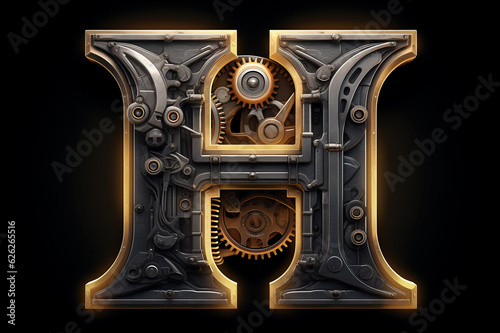 Shiny metal alphabet with gears and rivets isolated on black background, capital letter H, metallic 3D steampunk font design, creative retro abc for poster, wallpaper, movie. Generative AI.