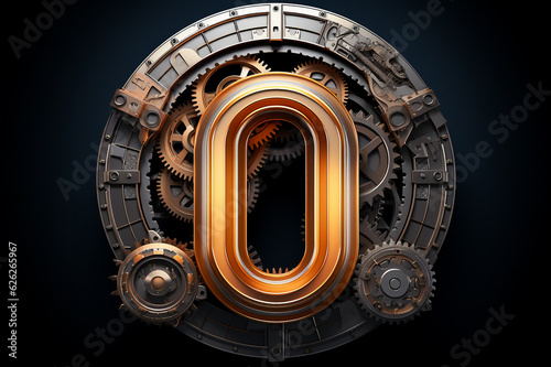 Shiny metal alphabet with gears and rivets isolated on black background  capital letter O  metallic 3D steampunk font design  creative retro abc for poster  wallpaper  movie. Generative AI.