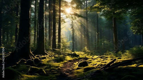 Enchanting forest view  tall trees  greenery  sunlight