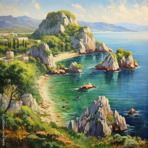 Montenegro's painting displays an aerial view of sea waves and a fantastic rocky coast. (Generative AI)