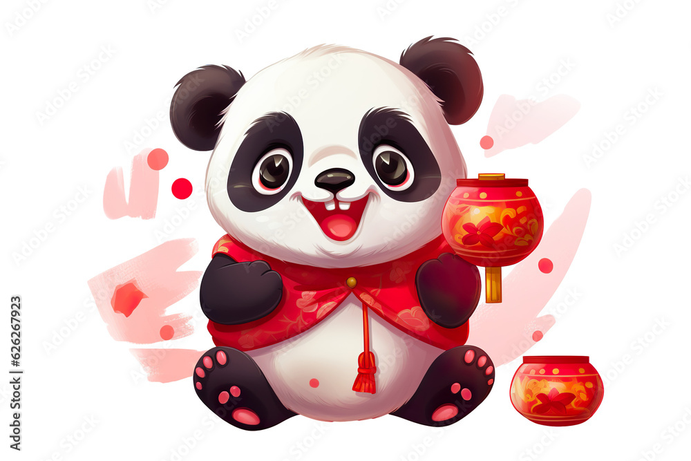Naklejka premium cute Chinese new year panda smiling, white isolated background PNG