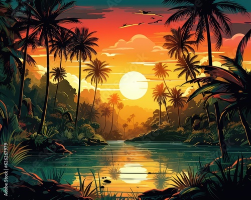 A sunset painting features palm trees  water  and distant island.  Generative AI 