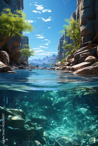 Underwater, a view of the water is visible. (Generative AI)