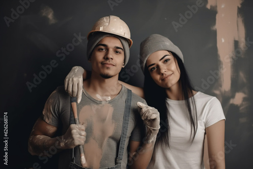 Young couple making repairs in the apartment. Generative AI © lanych
