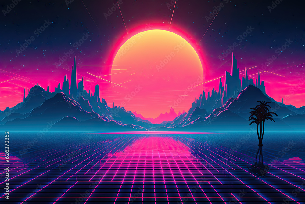 Retro futuristic synthwave styled mountain with palm tree and sunset on background