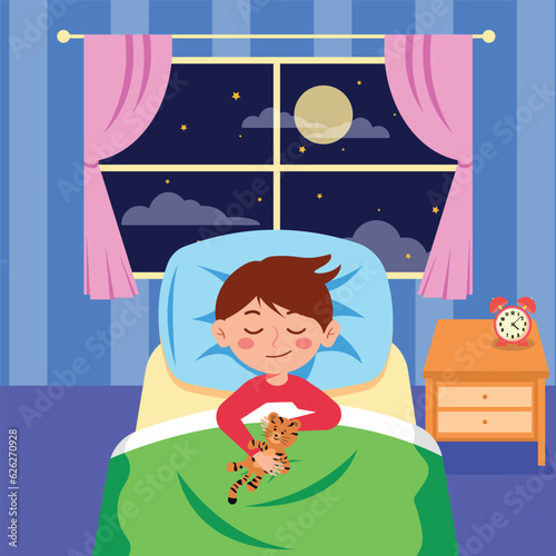 Good night! child in the bed, boy sleep vector illustration. Cute vector. The child fell asleep