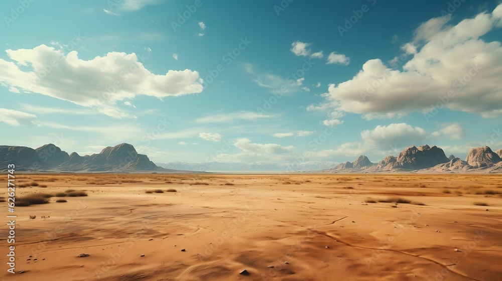Barren desert landscape with jagged sand, clear sky - obrazy, fototapety, plakaty 
