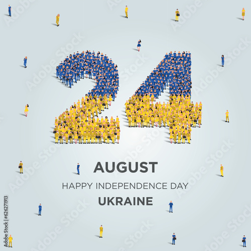 Happy Independence Day Ukraine. A large group of people form to create the number 24 as Ukraine celebrates its Independence Day on the 24th of August. Vector illustration.