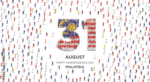 Happy Independence Day Malaysia. A large group of people form to create the number 31 as Malaysia celebrates its Independence Day on the 31st of August. Vector illustration.