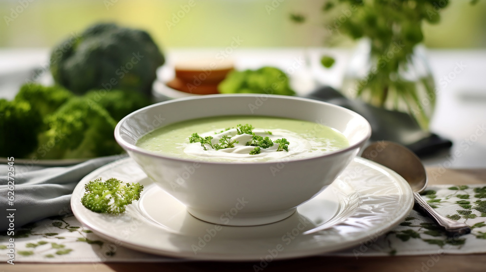 Brokoli cream-souple plate in a restaurant on the table new quality universal colorful technologies Stock Illustrations Image Design, Generative AI Brokoli cream-souple plate in a restaurant on the table new quality universal colorful technologies Stock Illustrations Image Design, Generative AI