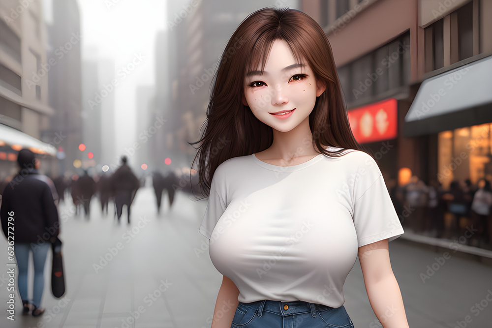 Beautiful asian woman in white t-shirt, jeans Generative AI