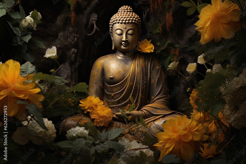 A Buddha statue surrounded by yellow flowers.Generative Ai