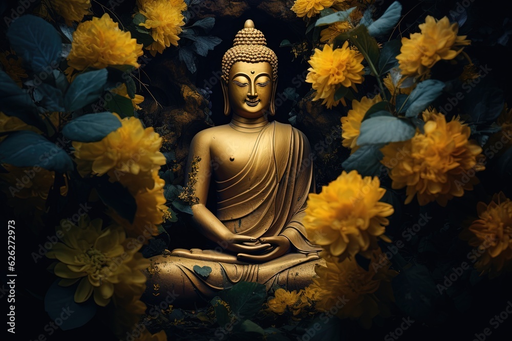 A Buddha statue surrounded by yellow flowers.Generative Ai