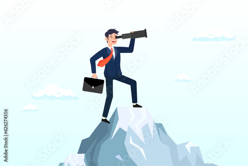 Businessman look through telescope to see business vision, visionary, look to see future or search for opportunity, finding way to success or discover new job or career, challenge or mission (Vector)