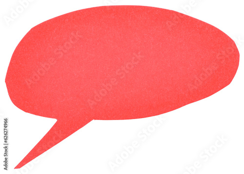 Red blank cut out paper cardboard speech bubble of elliptical round shape with copy space for text on transparent or white background
