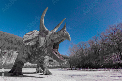 triceratops is angry in winter times with copy space