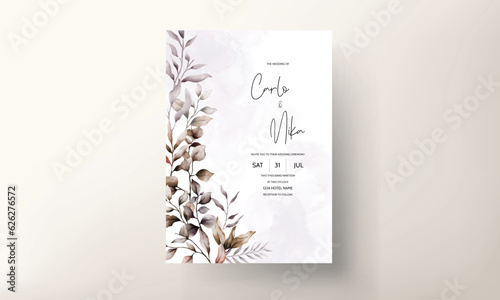 elegant hand drawn watercolor leaves wedding invitation template