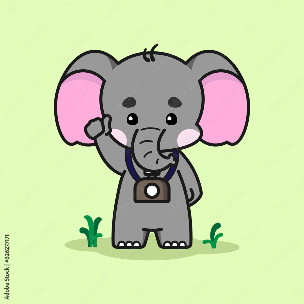Cute elephant with a camera is in a good mood. Cute elephant cartoon illustration isolated in green background. Vector illustration. Fit for mascot, children's book, icon, t-shirt design, etc. Cute elephant with a camera is in a good mood. Cute elephant cartoon illustration isolated in green background. Vector illustration. Fit for mascot, children's book, icon, t-shirt design, etc.