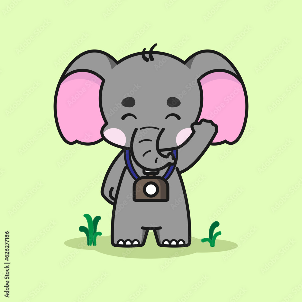 Obraz premium Cute elephant with a camera is waving its hand. Cute elephant cartoon illustration isolated in green background. Vector illustration. Fit for mascot, children's book, icon, t-shirt design, etc.