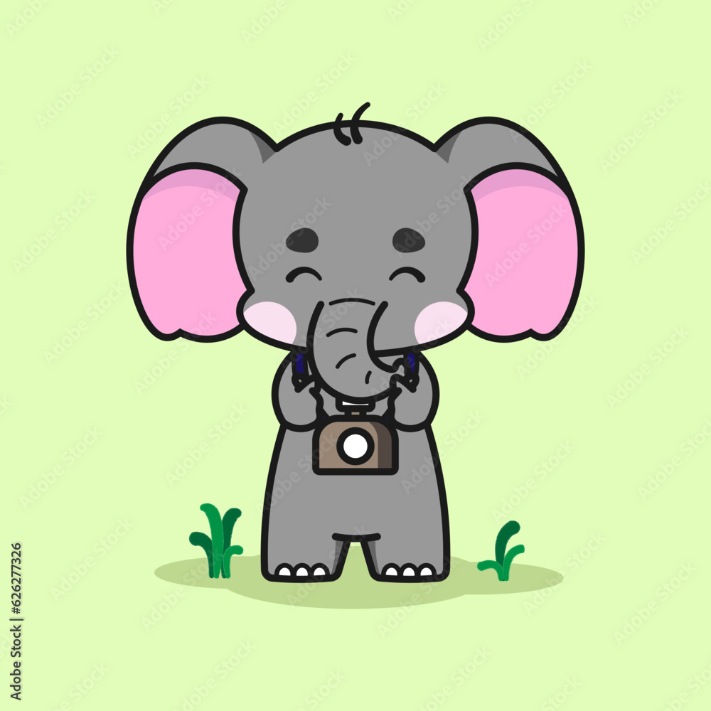 Obraz premium Cute elephant with a camera is making the Korean love sign with its two hands. Cute elephant cartoon illustration isolated in green background. Fit for mascot, children's book, t-shirt design, etc.