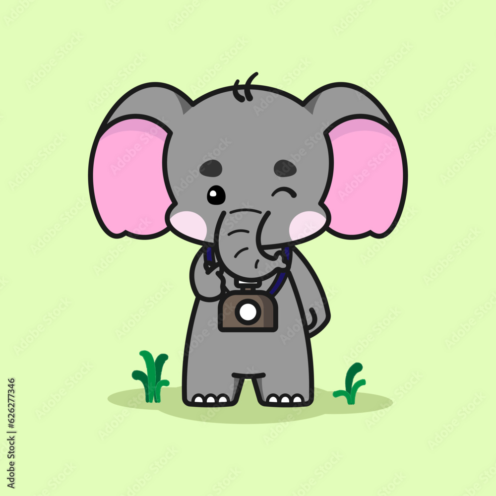 Cute elephant with a camera is making the Korean love sign. Cute elephant cartoon illustration isolated in green background. Fit for mascot, children's book, icon, t-shirt design, etc. Cute elephant with a camera is making the Korean love sign. Cute elephant cartoon illustration isolated in green background. Fit for mascot, children's book, icon, t-shirt design, etc.