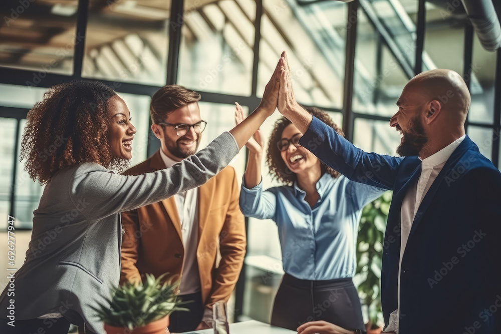 A group of employees high five each other in the office after a success. The concept of being successful and successful in business projects. Generative Ai, Ai.