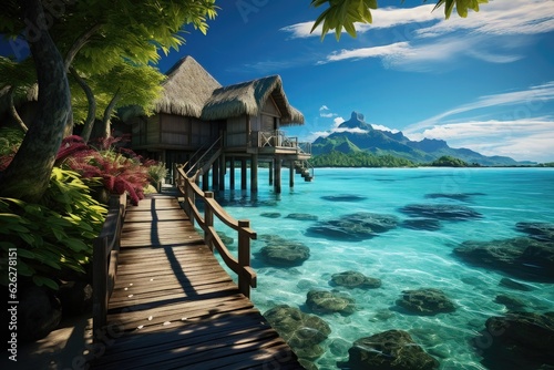 Beautiful tropical island with water bungalows. 3d render © lebanmax