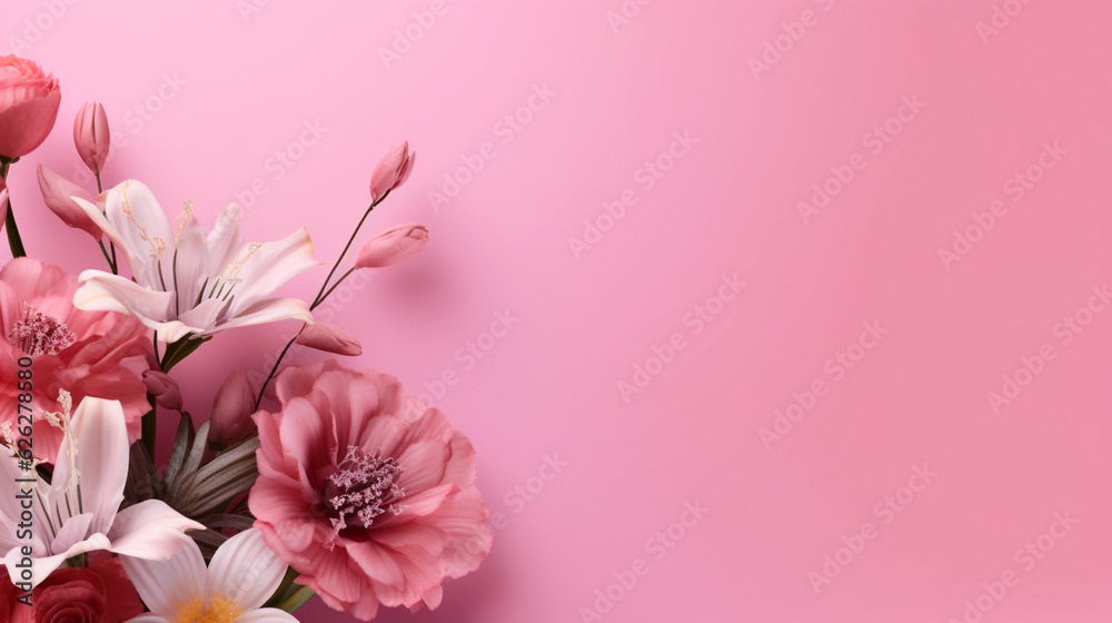 Banner with pink flowers on blurred background. Postcard with copy space. Generative AI