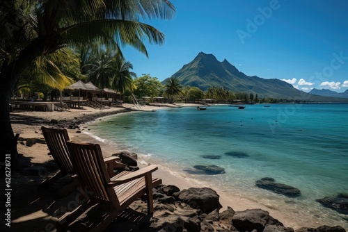 Tropical beach with coconut palm trees and mountains in the background