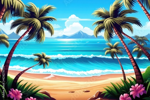 Tropical beach with palm trees and flowers, vector illustration
