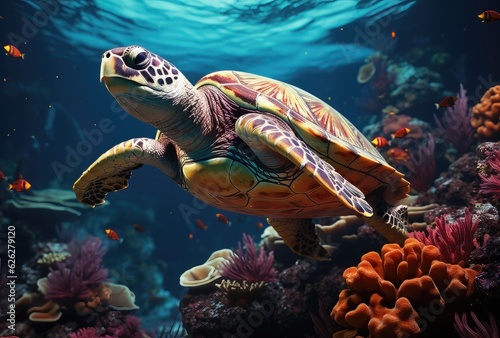 Green sea turtle swimming in the deep blue sea. 3d rendering